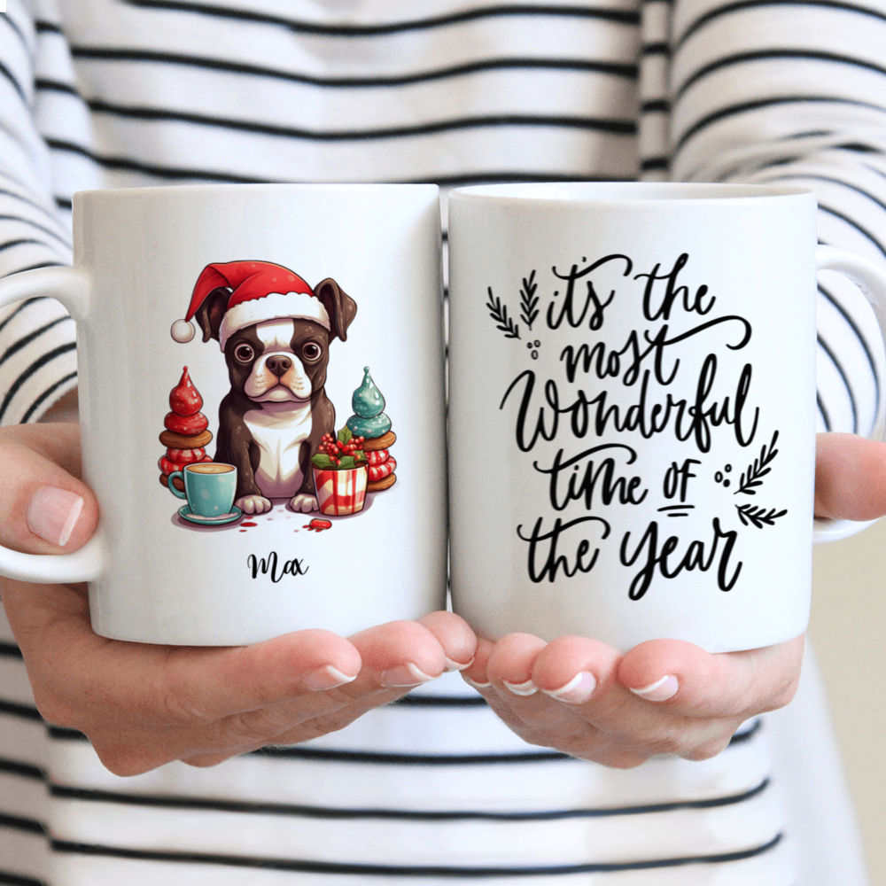 Christmas Dog Mug - Cute Boston Terrier Dog Peeking from Christmas Hot Chocolate Cups - Mug