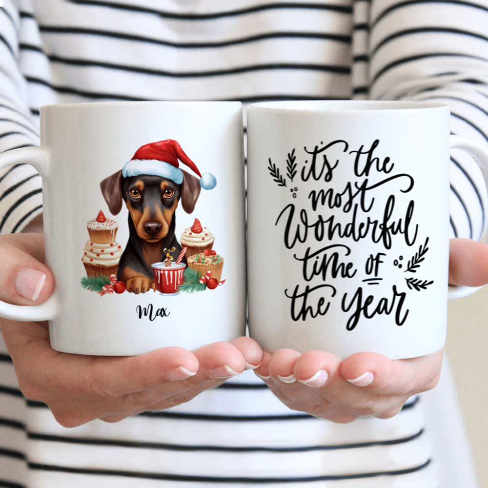 Christmas Dog Mug - Cute Doberman Pinscher Dog Peeking from Christmas Mug - Mug