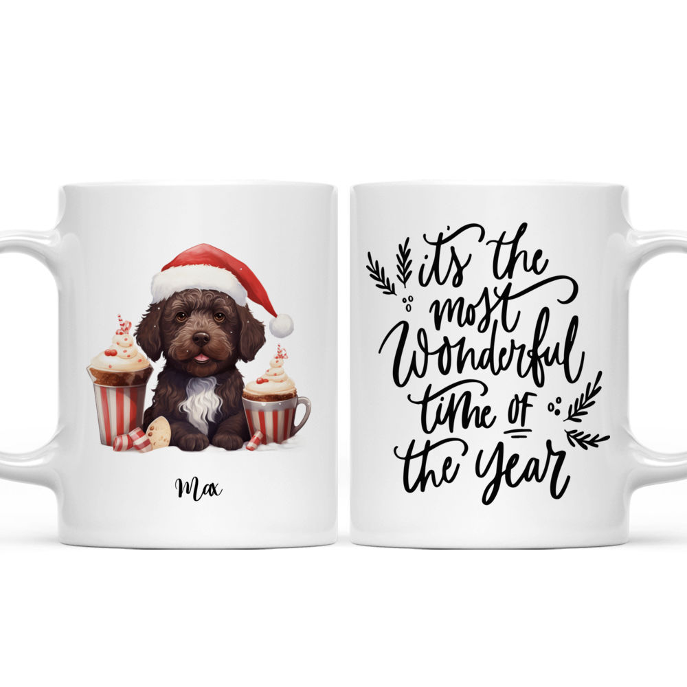 Cute Portuguese Water Dog Peeking from Christmas Hot Chocolate Cups Vintage Cartoon Style