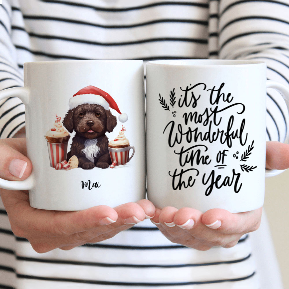 Christmas Dog Mug - Cute Portuguese Water Dog Peeking from Christmas Hot Chocolate Cups Vintage Cartoon Style - Mug