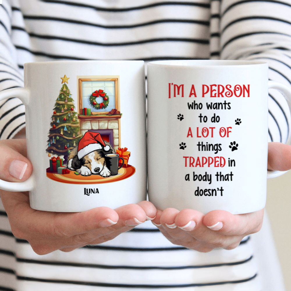 Personalized Mug - Christmas Dog Mug - Lazy Shetland Sheepdog Sleeping with Christmas Tree Dog Mug