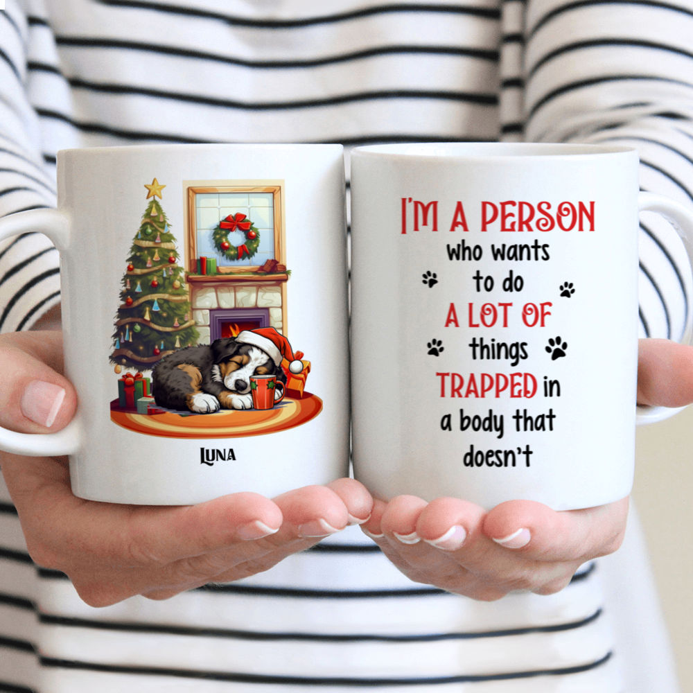 Christmas Dog Mug - Lazy Miniature American Shepherd Dog Sleeping with Christmas Mug - Mug