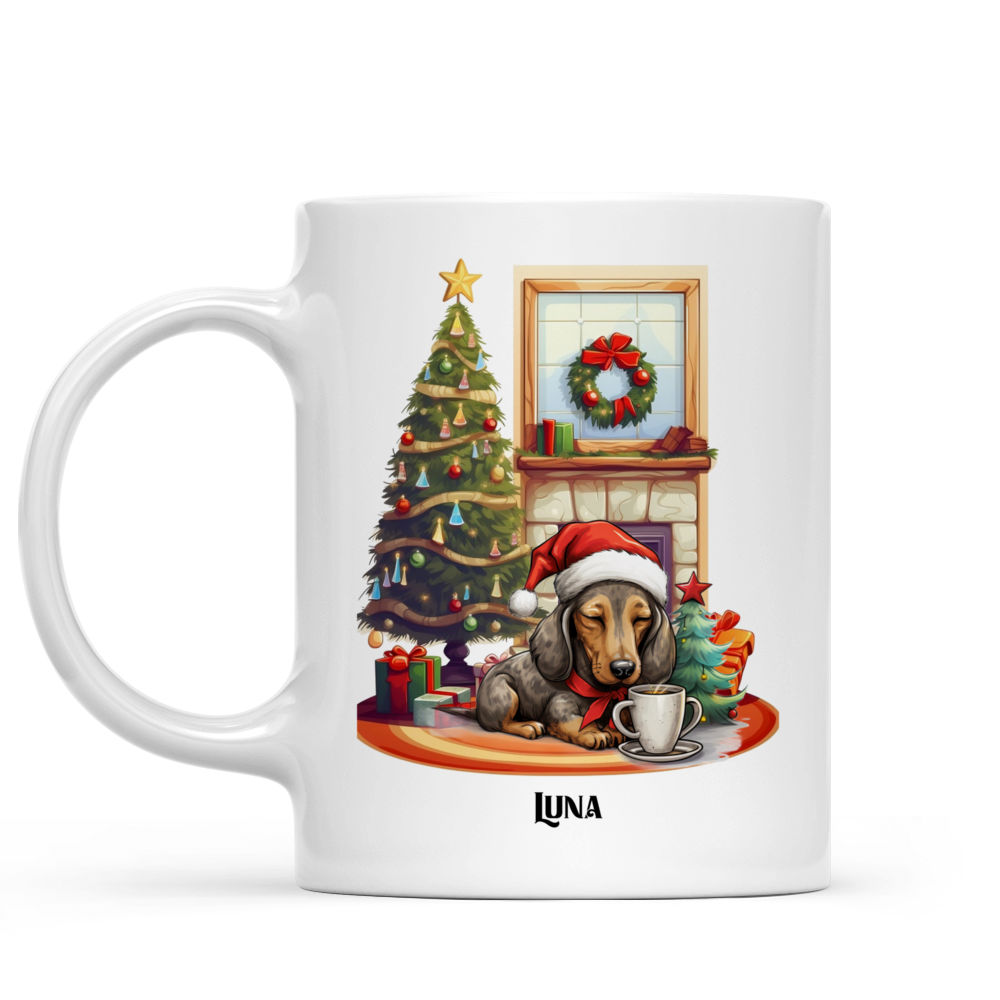 Personalized Mug - Christmas Dog Mug - Lazy Dachshund Dog Sleeping with Christmas Tree and Mug_1
