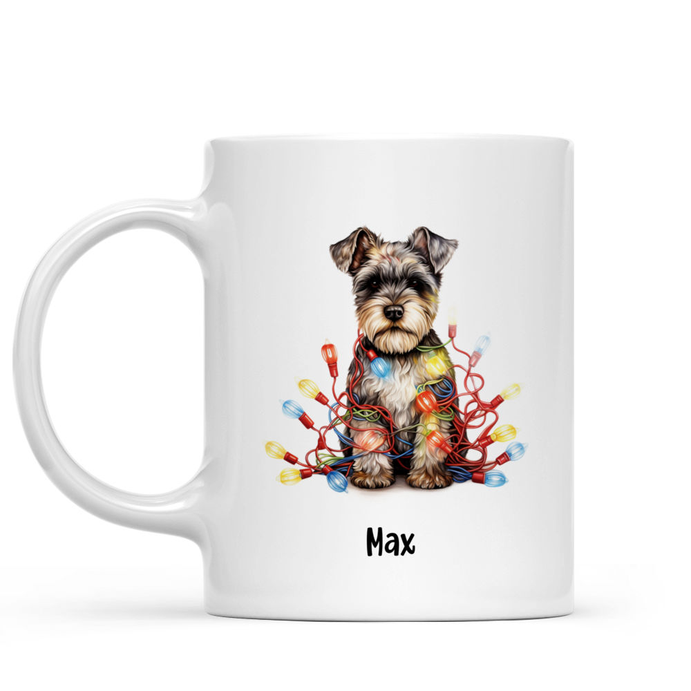 Christmas Dog Mug - Cartoon Miniature Schnauzer Dog in Christmas Hat surrounded by Lights - Mug_1