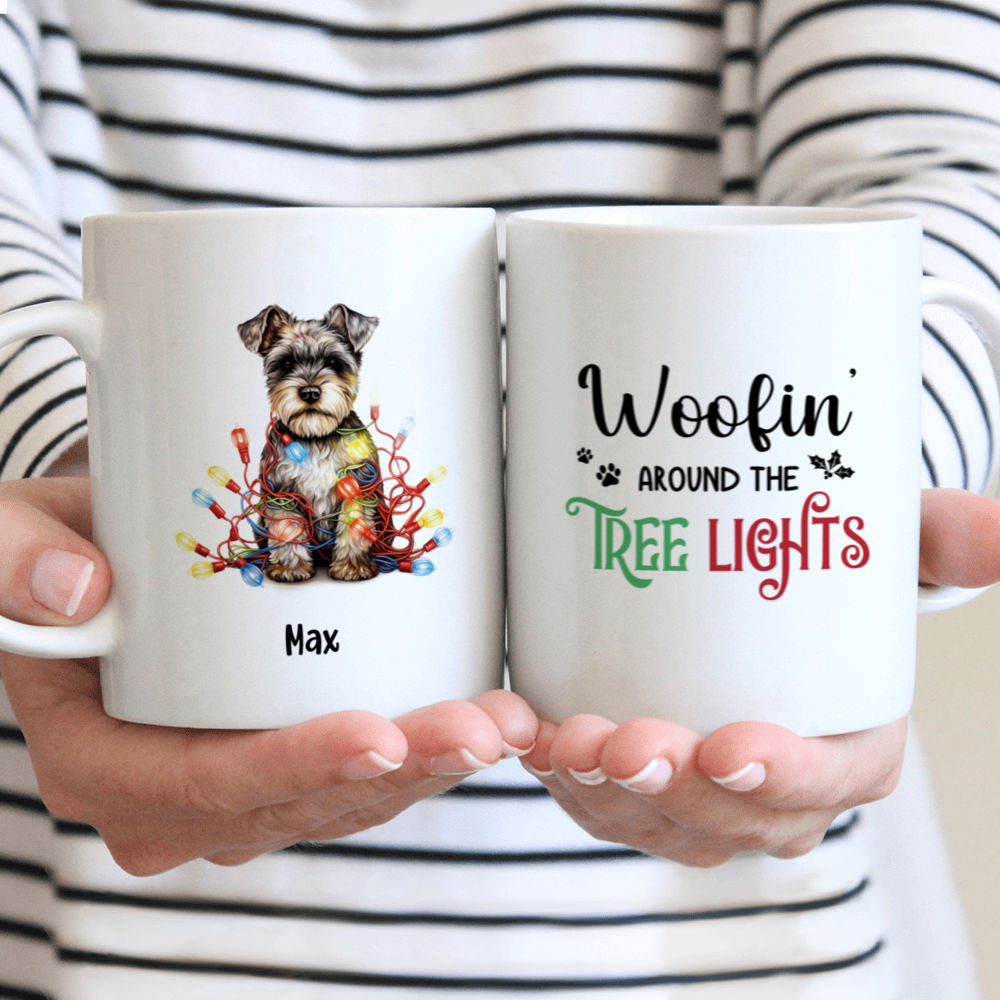 Christmas Dog Mug - Cartoon Miniature Schnauzer Dog in Christmas Hat surrounded by Lights - Mug