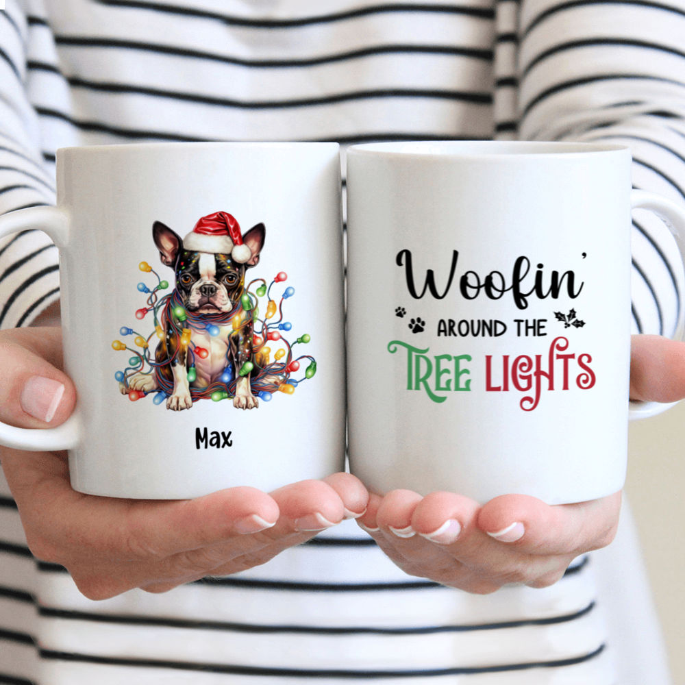 Personalized Mug - Christmas Dog Mug - Christmas Boston Terrier Dog with Christmas Lights
