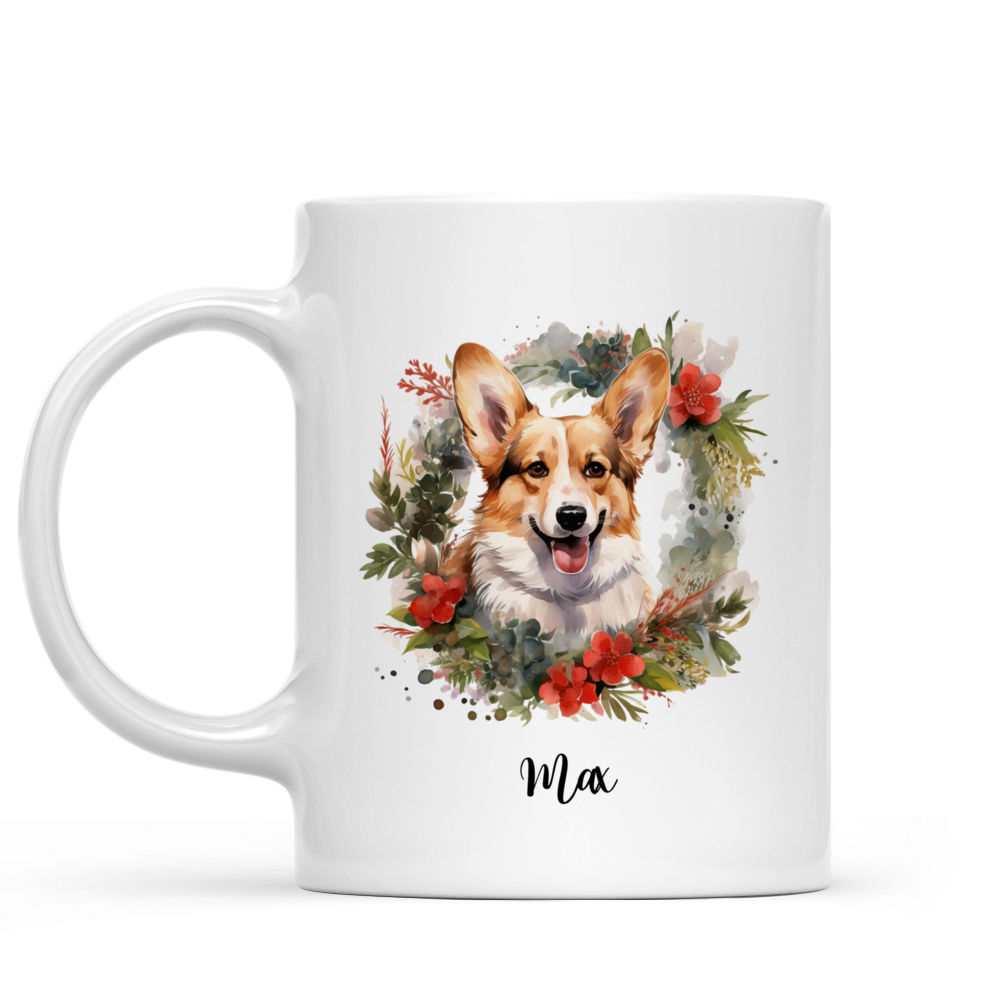 Christmas Dog Mug - Christmas Welsh Corgi Dog with Floral Wreath - Mug_1