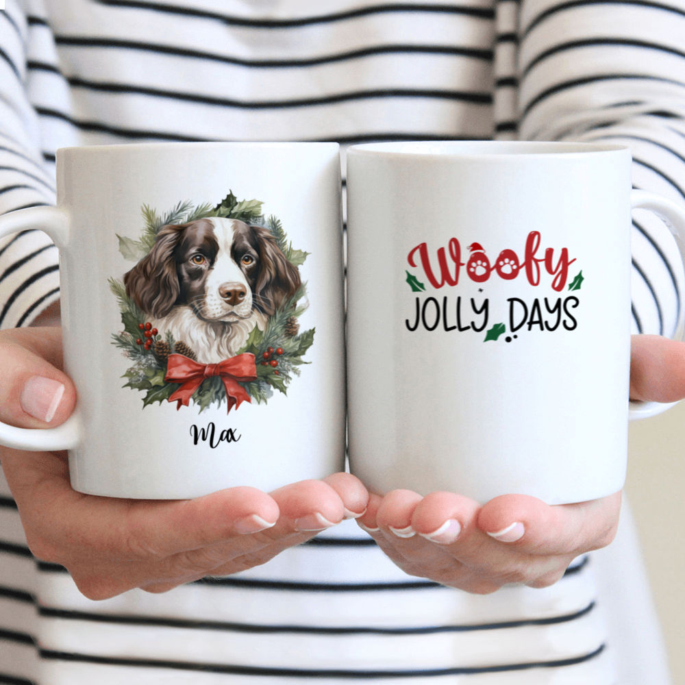 Christmas Dog Mug - Christmas English Springer Spaniel Dog Peeking from Floral Wreath - Mug