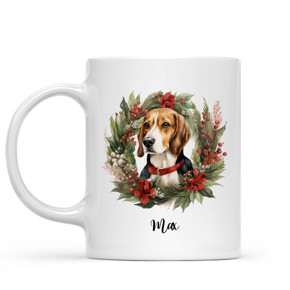 Christmas Dog Mug - Christmas Beagle Dog Peeking from Christmas Floral Wreath - Mug_1