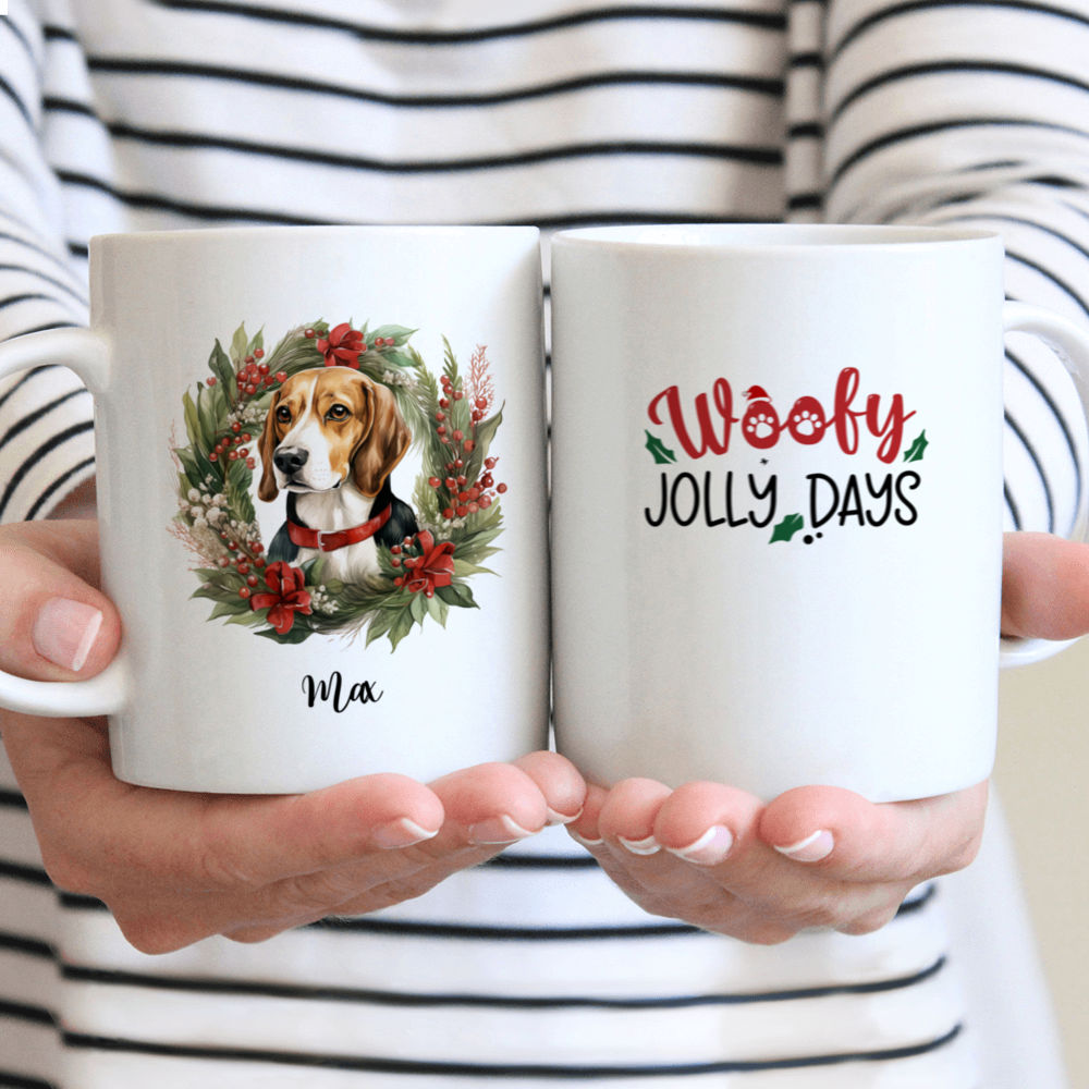 Personalized Mug - Christmas Dog Mug - Christmas Beagle Dog Peeking from Christmas Floral Wreath