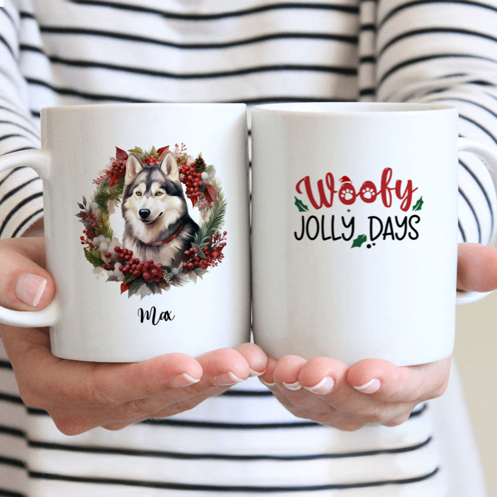 Christmas Dog Mug - Christmas Siberian Husky Dog with Floral Wreath - Mug