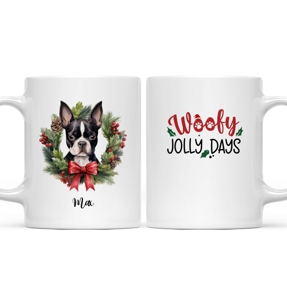 Christmas Dog Mug - Christmas Boston Terrier Dog Peek from Winter Floral Wreath - Mug_3