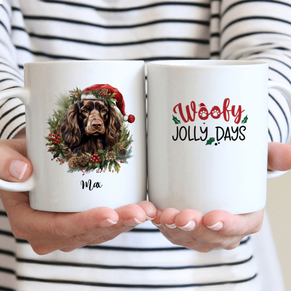 Christmas Dog Mug - Christmas English Cocker Spaniel Dog Peeking from Winter Floral Wreath - Mug