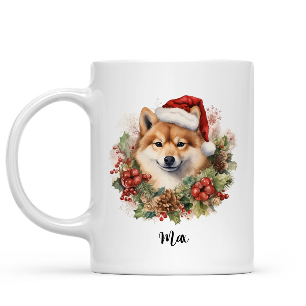 Personalized Mug - Christmas Dog Mug - Christmas Shiba Inu Dog with Floral Wreath_1