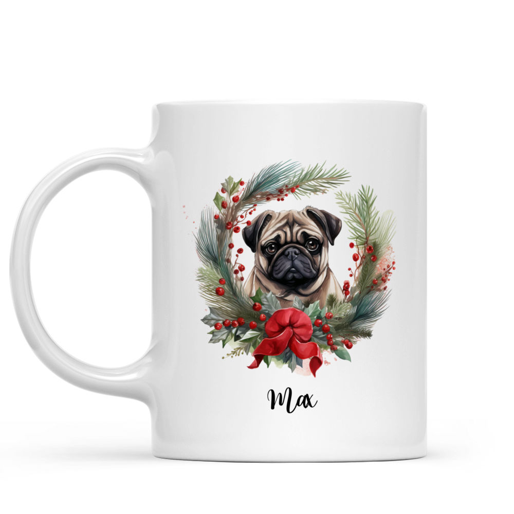 Christmas Dog Mug - Pug Dog Peeking Winter Floral Wreath Flat Color - Mug_1