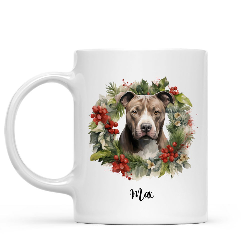 Christmas Dog Mug - Christmas Pitbull Dog with Winter Floral Wreath - Mug_1