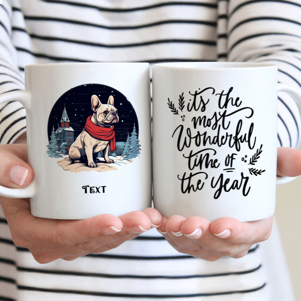 Christmas Dog Mug - Christmas Dog Mug: Detailed French Bulldog in Winter Village Illustration - Mug