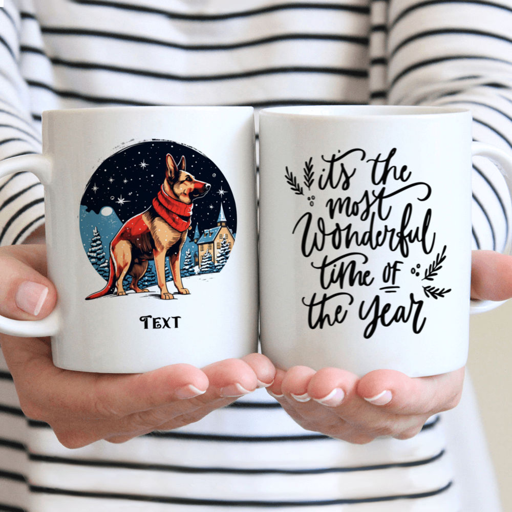 Christmas Dog Mug - Christmas Dog Mug: Detailed German Shepherd Dog in Winter Village Illustration - Mug