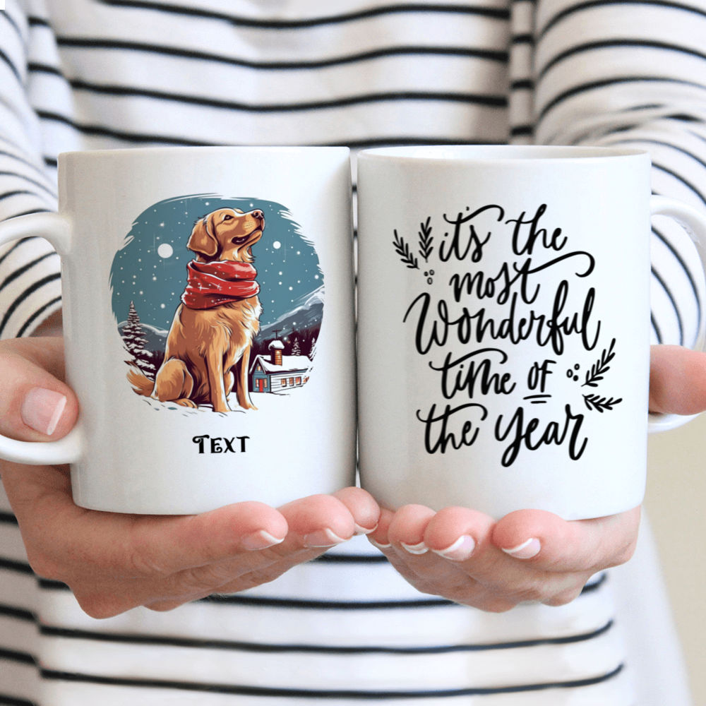 Christmas Dog Mug - Christmas Dog Mug: Detailed Golden Retriever Dog in Winter Village Illustration - Mug