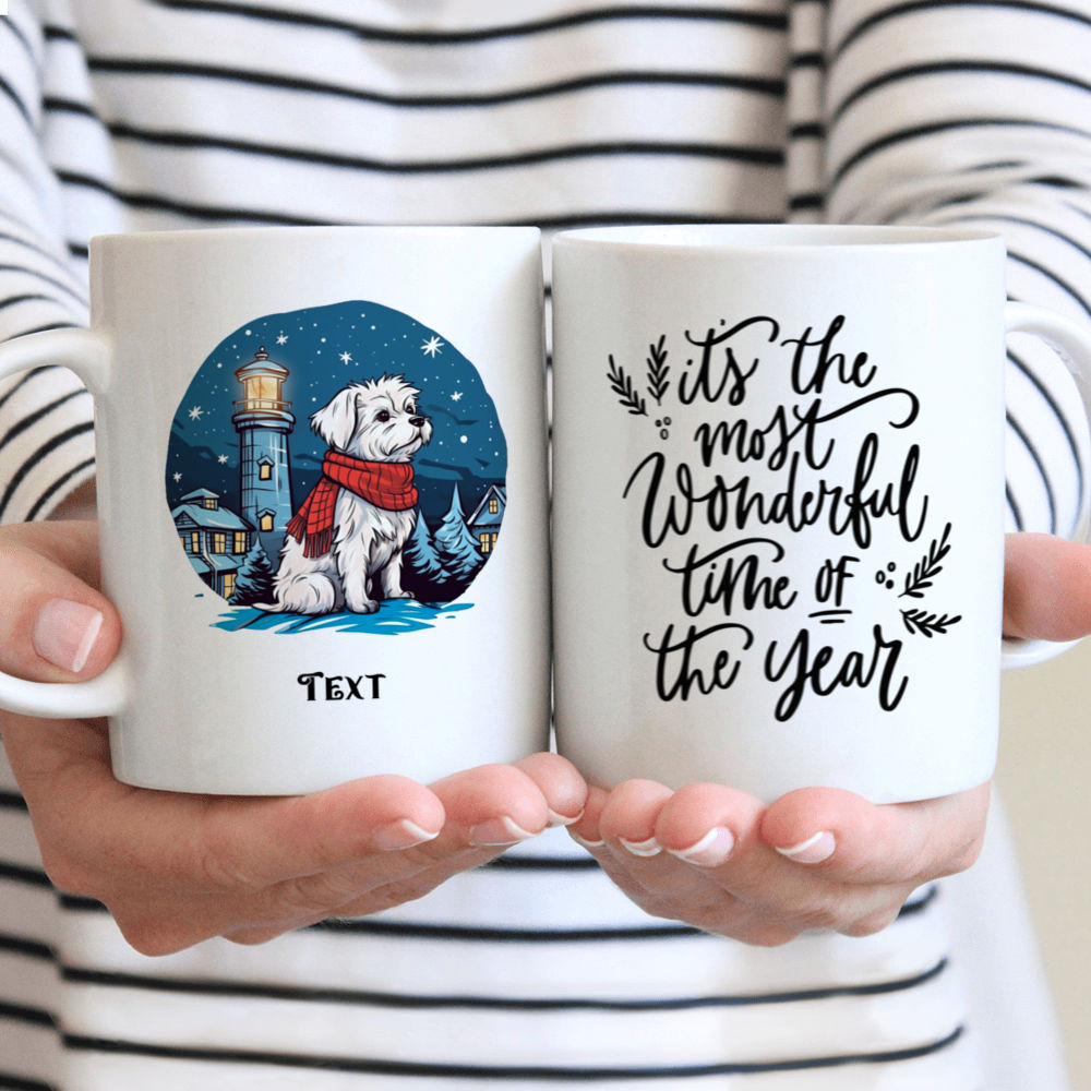Personalized Mug - Christmas Dog Mug - Christmas Dog Mug: Detailed Maltese dog in Winter Village Illustration