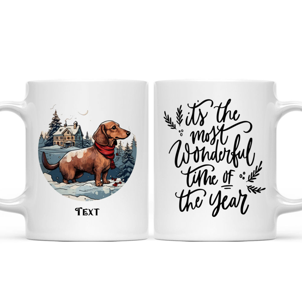 Christmas Dog Mug - Christmas Dog Mug: Detailed Dachshund dog in Winter Village Illustration - Mug_3