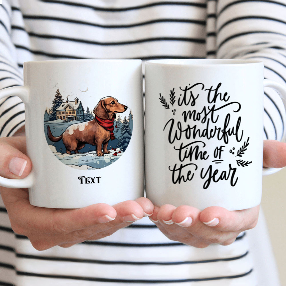 Christmas Dog Mug - Christmas Dog Mug: Detailed Dachshund dog in Winter Village Illustration - Mug