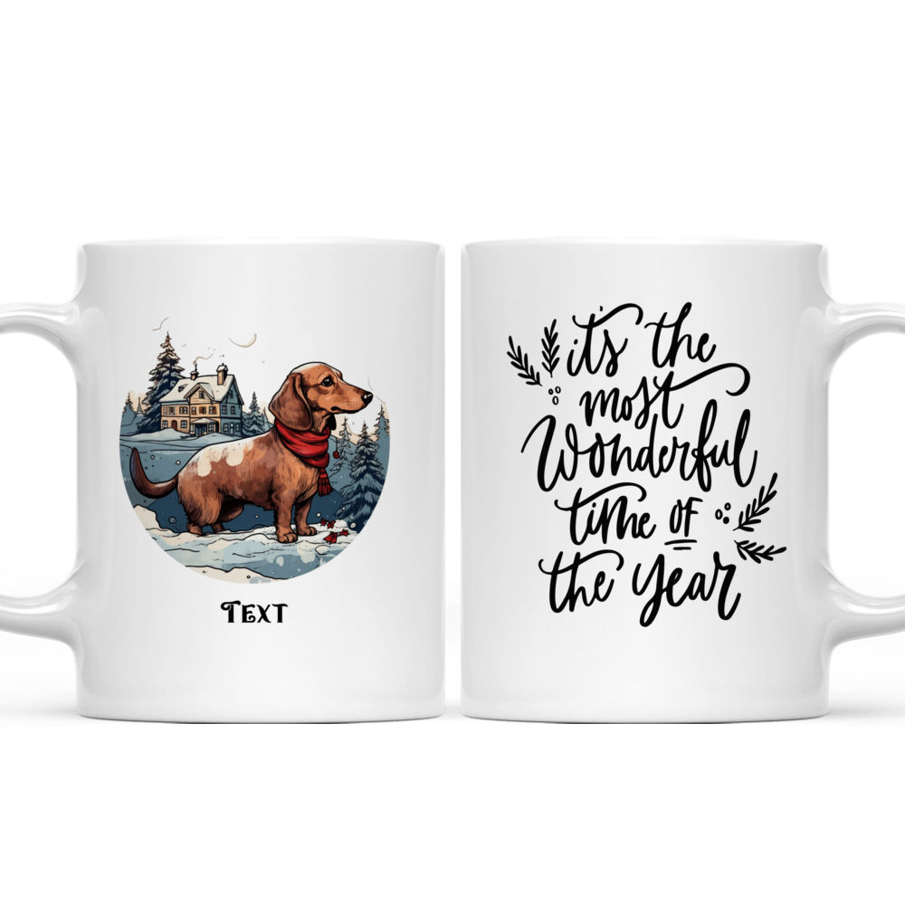 Christmas Dog Mug: Detailed Dachshund dog in Winter Village Illustration