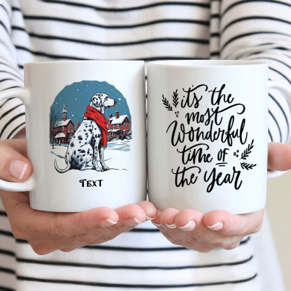 Christmas Dog Mug - Christmas Dog Mug: Detailed Dalmatian dog in Winter Village Illustration - Mug