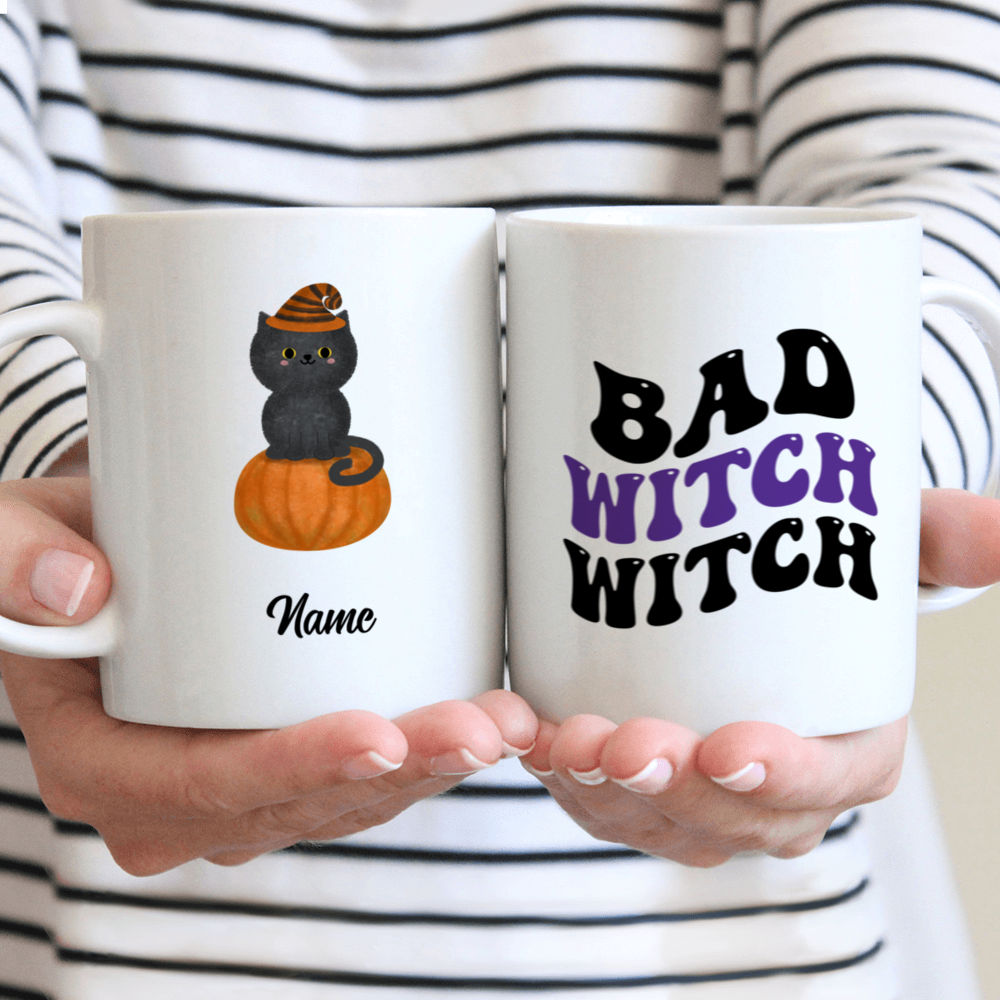 Handmade ceramic mug with witch cat design and a super cute magic