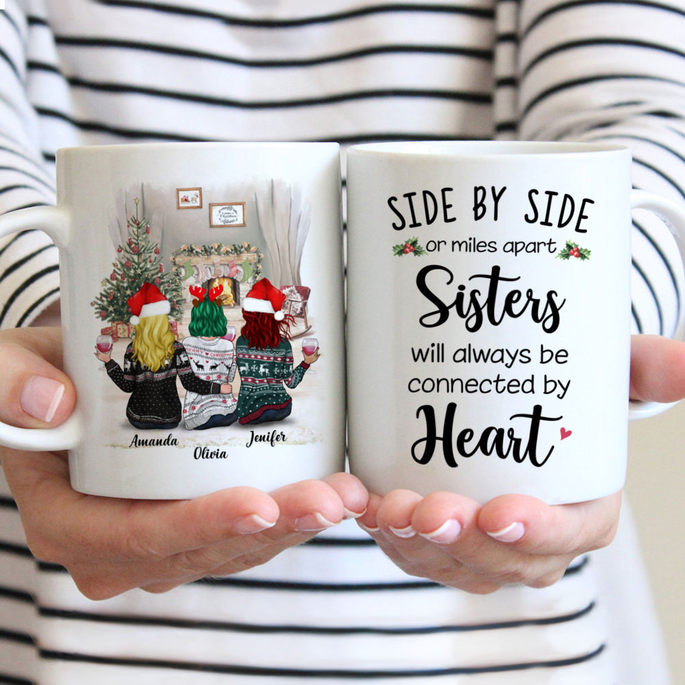 Personalized Xmas Mug - Sisters Will Always Be Connected by Heart (2-3 Women)