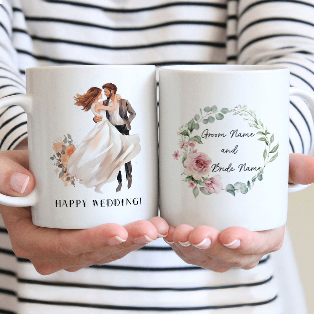 Happy Wedding Mug - Custom Groom & Bride Name - Gifts For Couple, Lovers,  Husband, Wife, Bride, Groom, Bridal Shower Gift, Wedding Gifts