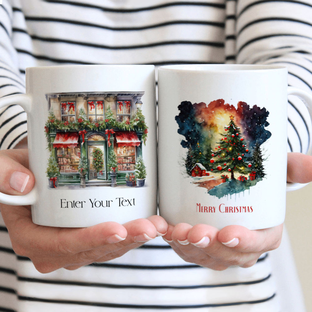 Christmas Mug - Christmas Storefronts Watercolor Mug - Custom Mug - Christmas Tree - Gifts For Family, Friends, Sisters, Brothers, Daughter, Husband, Wife - Personalized Mug - 39868 39870