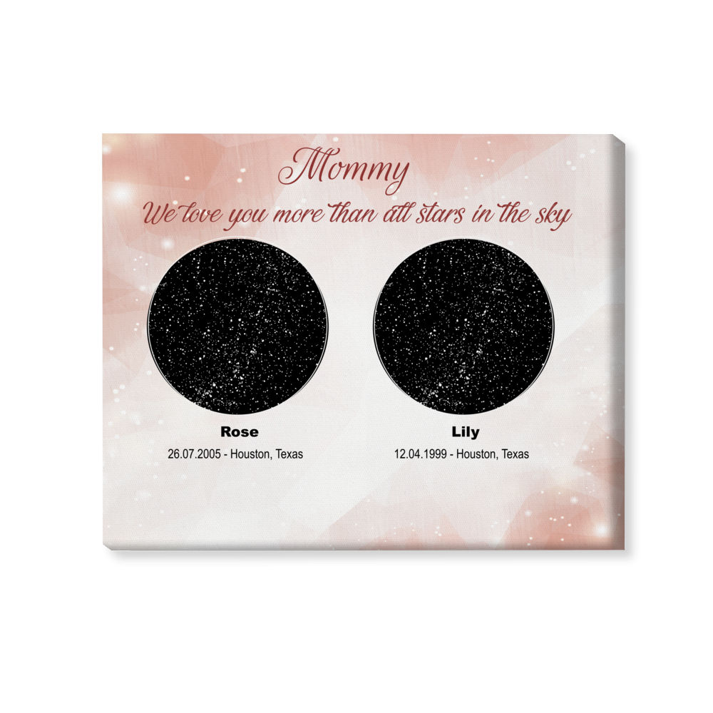 Personalized Wrapped Canvas - Star Map Gift - Gifts For Mom, Mother's Day - Mommy I love you more than all stars in the sky - Custom Date, Location, Photo - 2 Children
