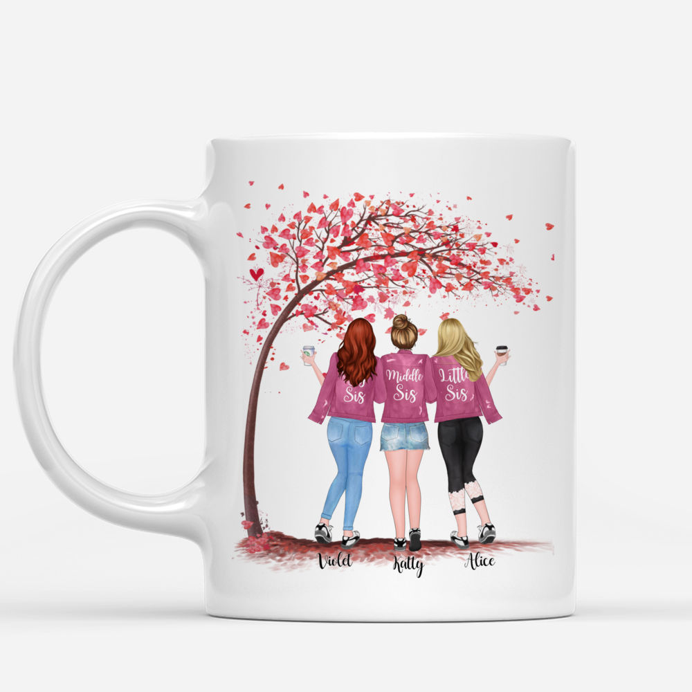 Personalized Mug - Up to 5 Sisters - Side by side or miles apart, Sisters will always be connected by heart - Love - Pink_1