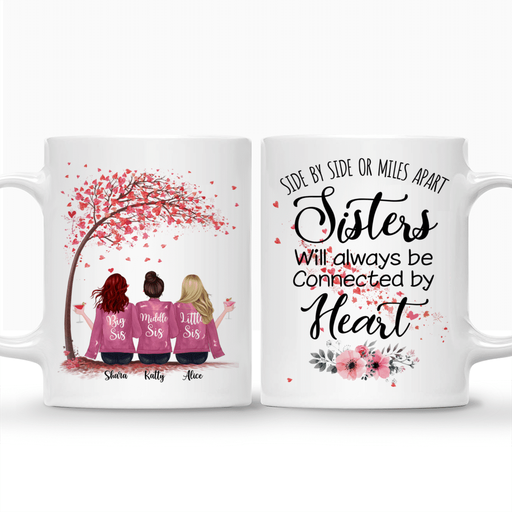 Personalized Mug - Up to 6 Sisters - Side by side or miles apart, Sisters will always be connected by heart (Love Tree)_3