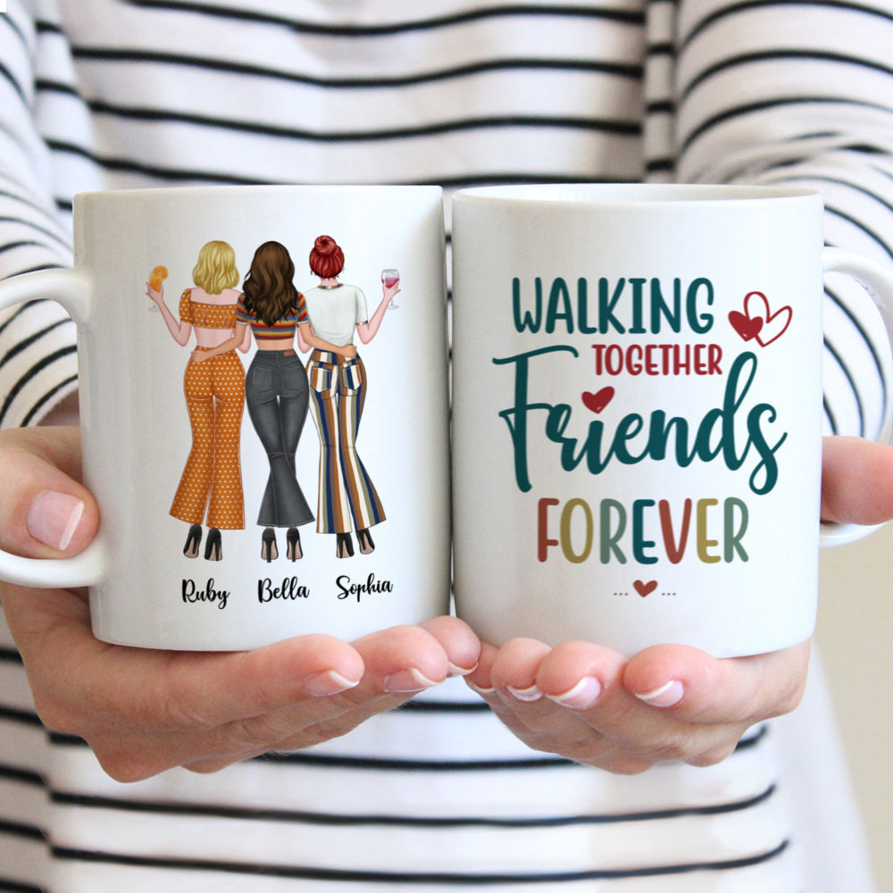 Personalized Mug - Up to 3 Girls - Walking Together Friends Forever 70s