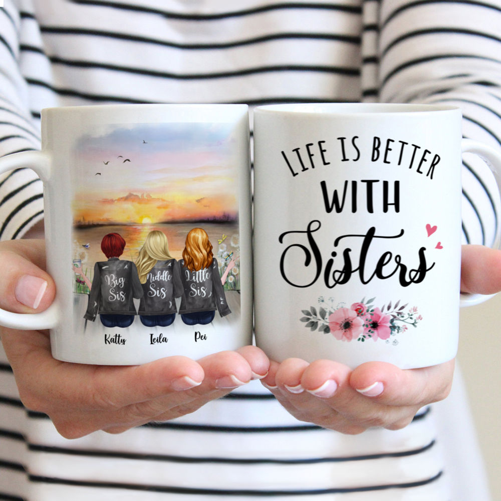 Personalized Mug - Up to 5 Sisters - Life is better with Sisters - Grey (BG Sunset)