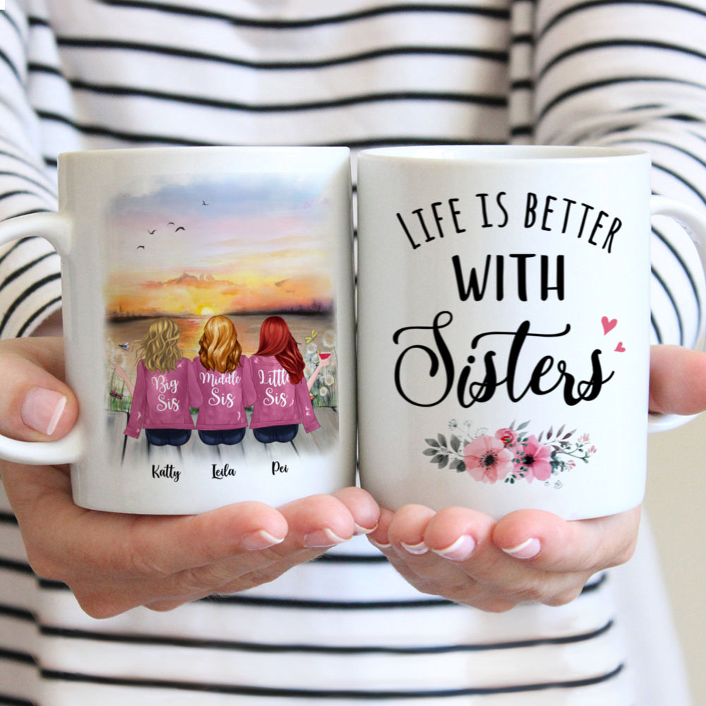 Personalized Mug - Up to 5 Sisters - Life is better with Sisters - Pink (BG Sunset)