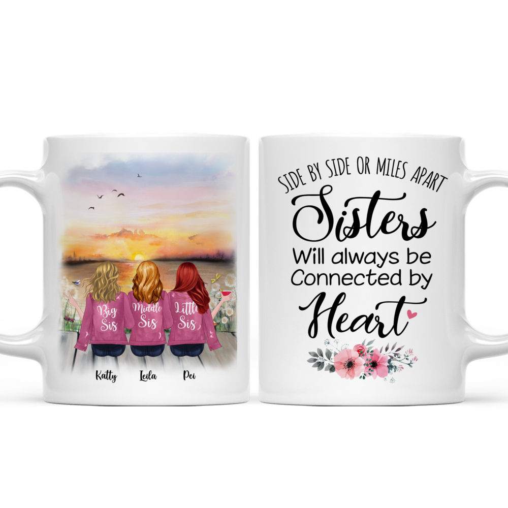 Personalized Mug - Up to 5 Sisters - Side by side or miles apart, Sisters will always be connected by heart_Pink_3