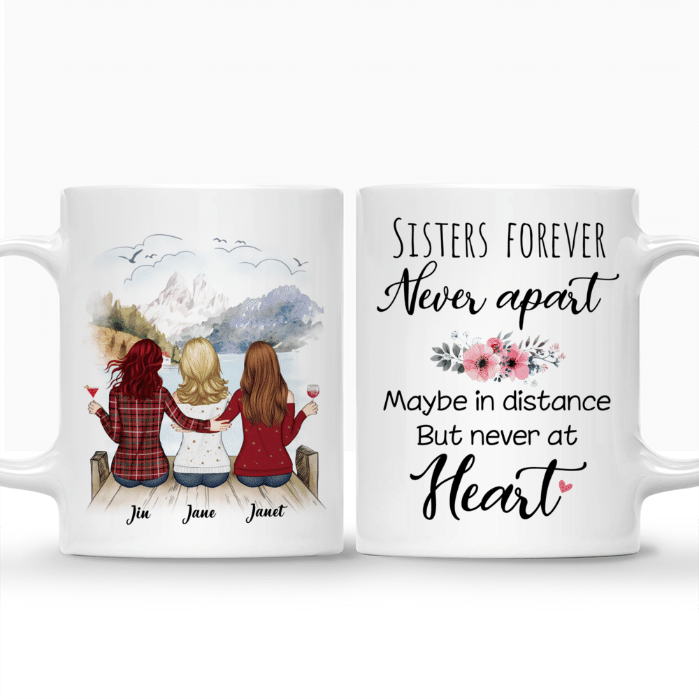Personalized Mug - Up to 5 Sisters - Sisters forever, never apart. Maybe in distance but never at heart (BG mountain 2) - Red_3