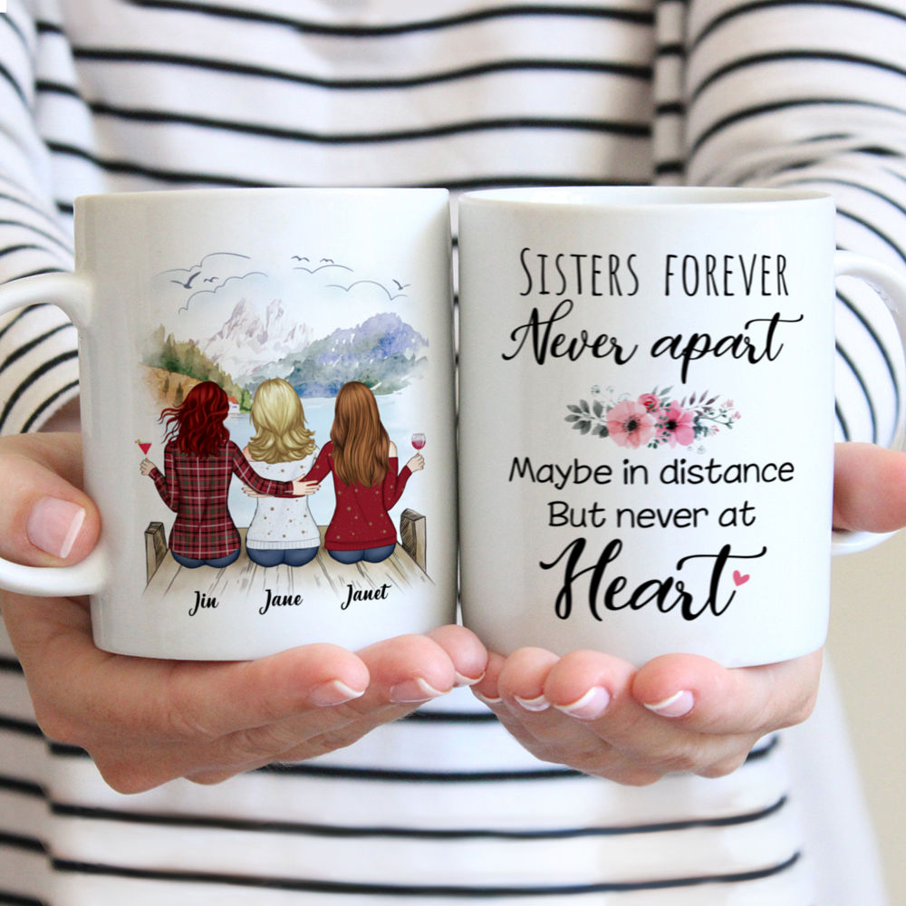 Personalized Mug - Up to 5 Sisters - Sisters forever, never apart. Maybe in distance but never at heart (BG mountain 2) - Red