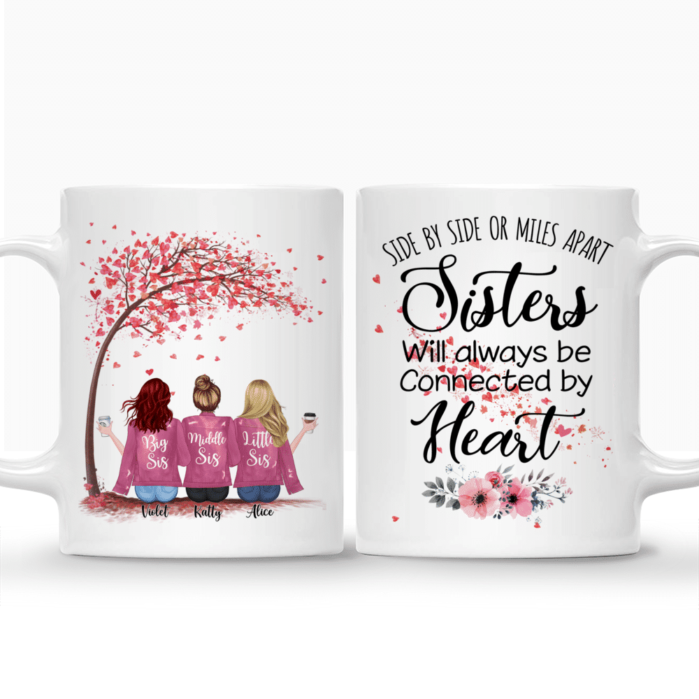 Personalized Mug - Up to 5 Sisters - Side by side or miles apart, Sisters will always be connected by heart (Love Tree) (New Version)_3