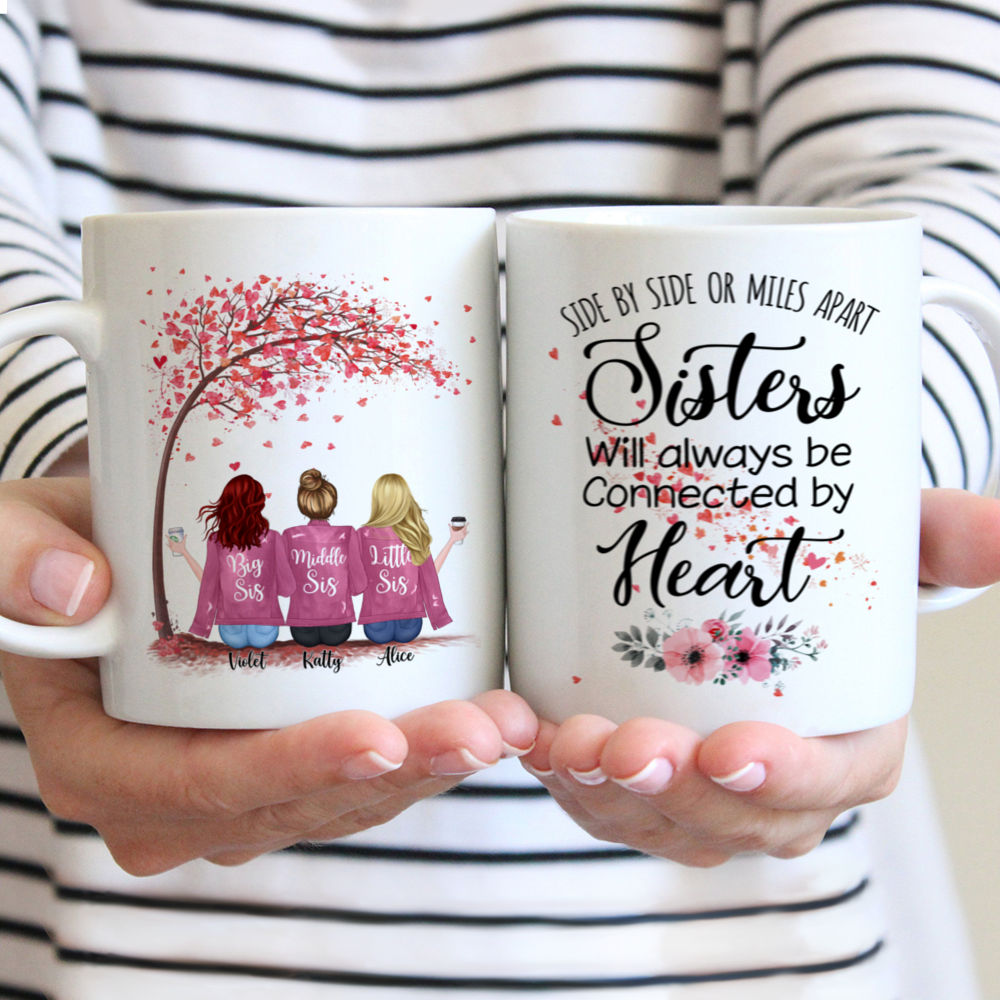 Personalized Mug - Up to 5 Sisters - Side by side or miles apart, Sisters will always be connected by heart (Love Tree) (New Version)