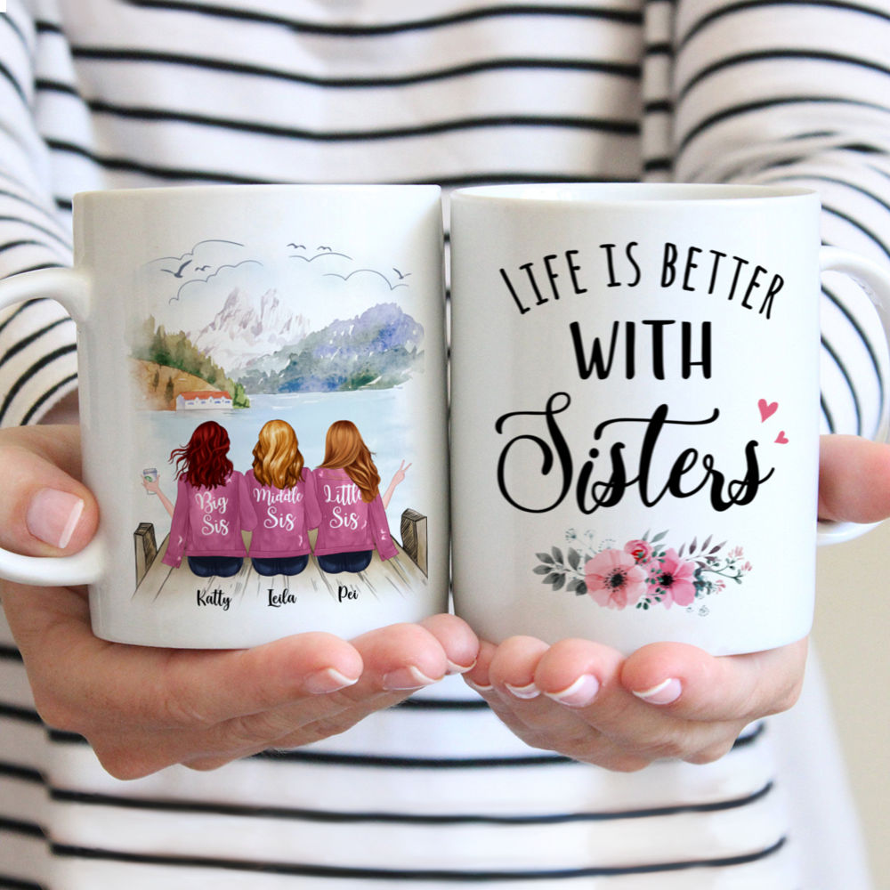 Personalized Mug - Up to 5 Sisters - Life is better with sister - Pink - (BG Moutain 2)