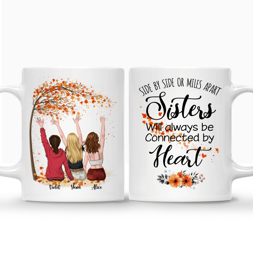 Personalized Mug - Up to 5 Sisters - Side by side or miles apart, Sisters will always be connected by heart (Autumn Tree)_3