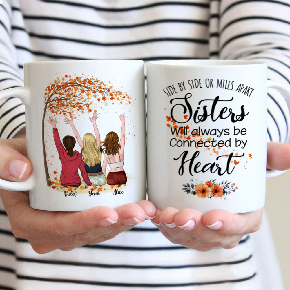 Personalized Mug - Up to 5 Sisters - Side by side or miles apart, Sisters will always be connected by heart (Autumn Tree)