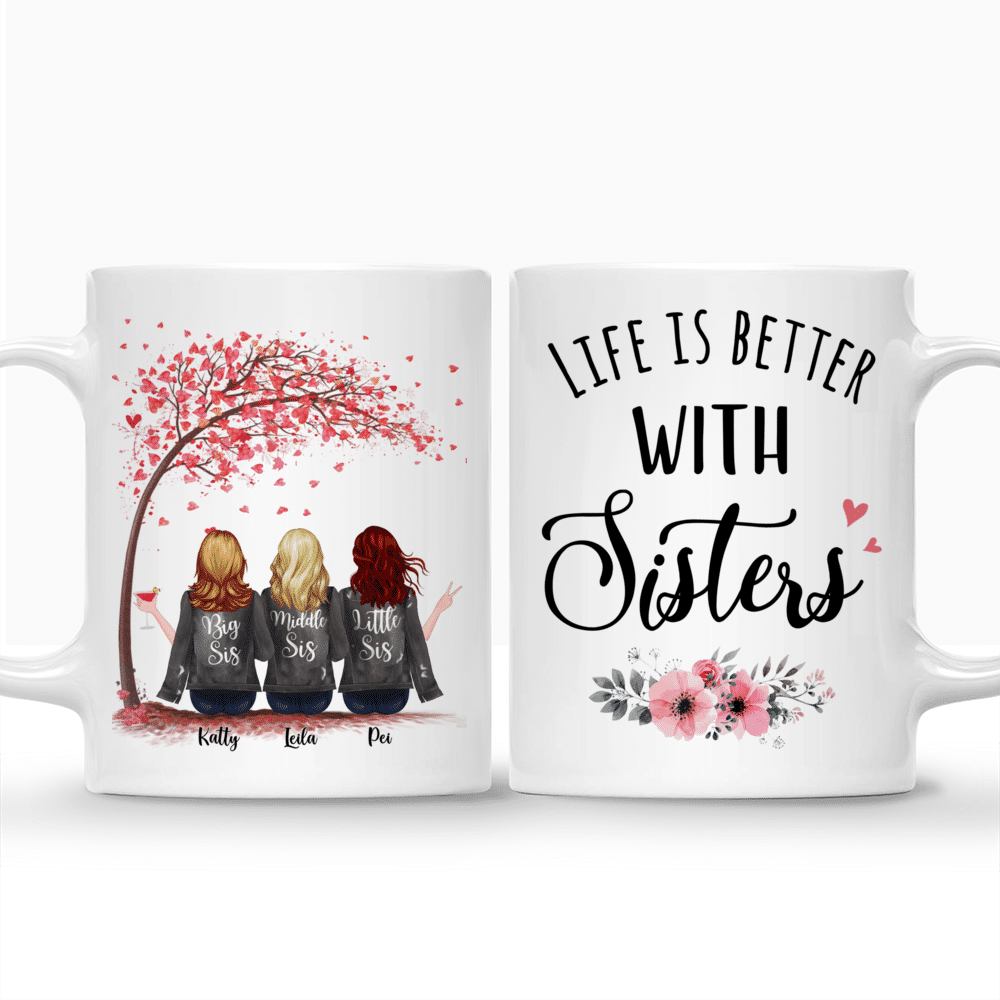 Personalized Mug - Up to 5 Sisters - Life is better with Sisters - Love Tree - Grey_3