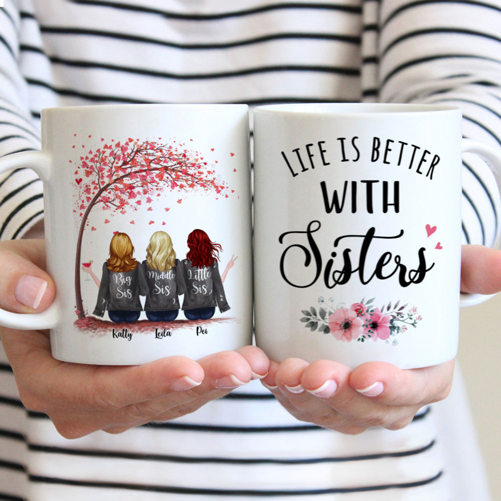 Up to 5 Sisters - Life is better with Sisters - Love Tree - Grey - Personalized Mug