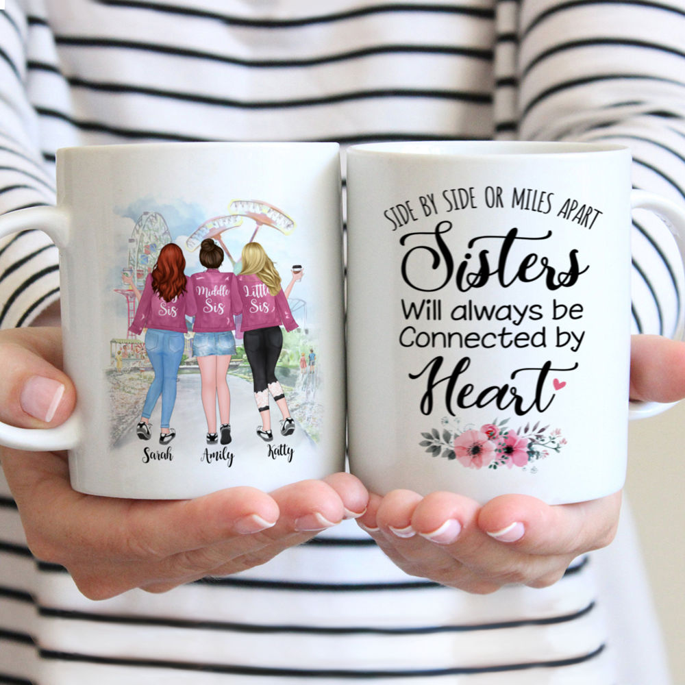 Personalized Mug - Up to 5 Sisters - Side by side or miles apart, Sisters will always be connected by heart (Pink) (Park)