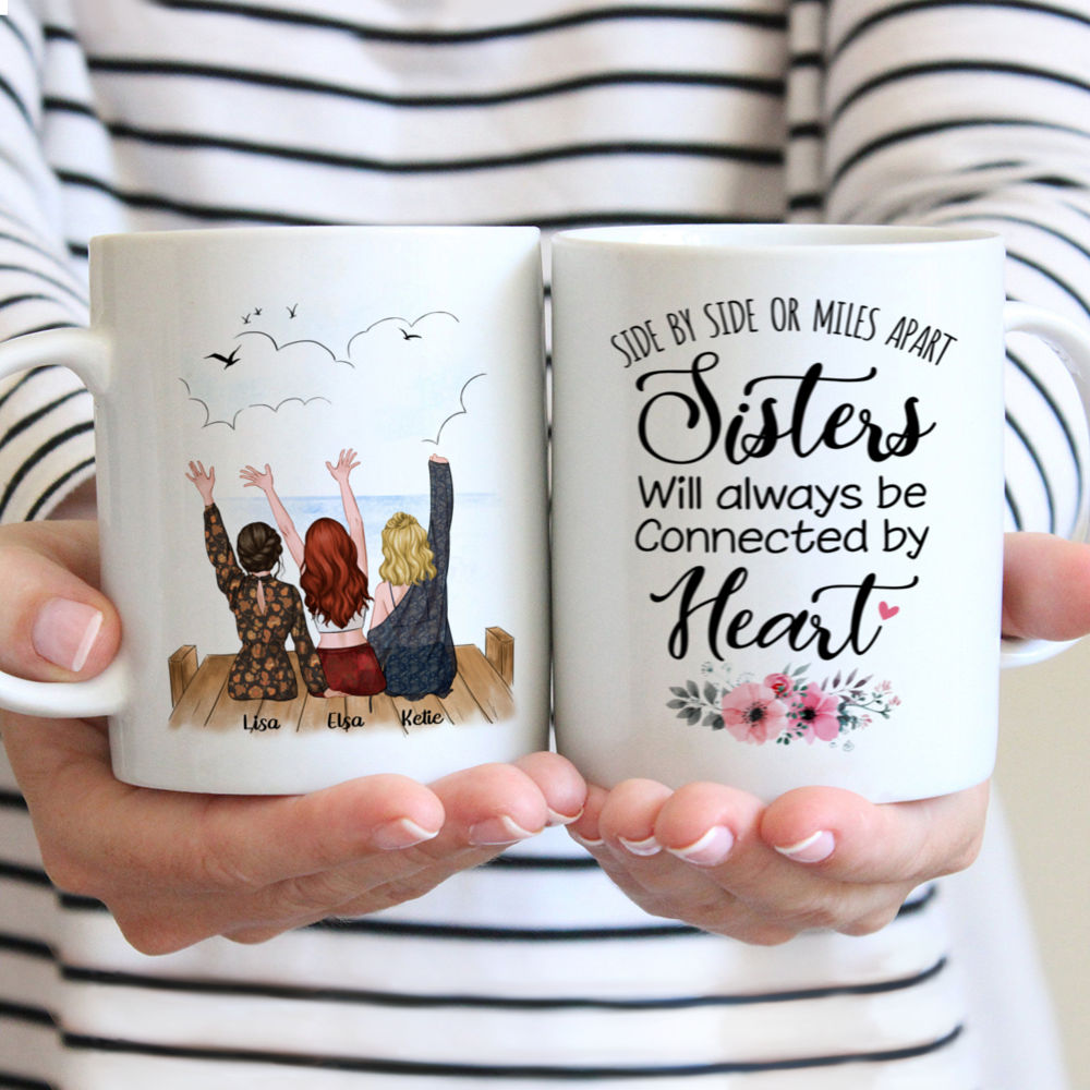 Personalized Mug - Up to 5 Sisters - Side by side or miles apart, Sisters will always be connected by heart - Beach